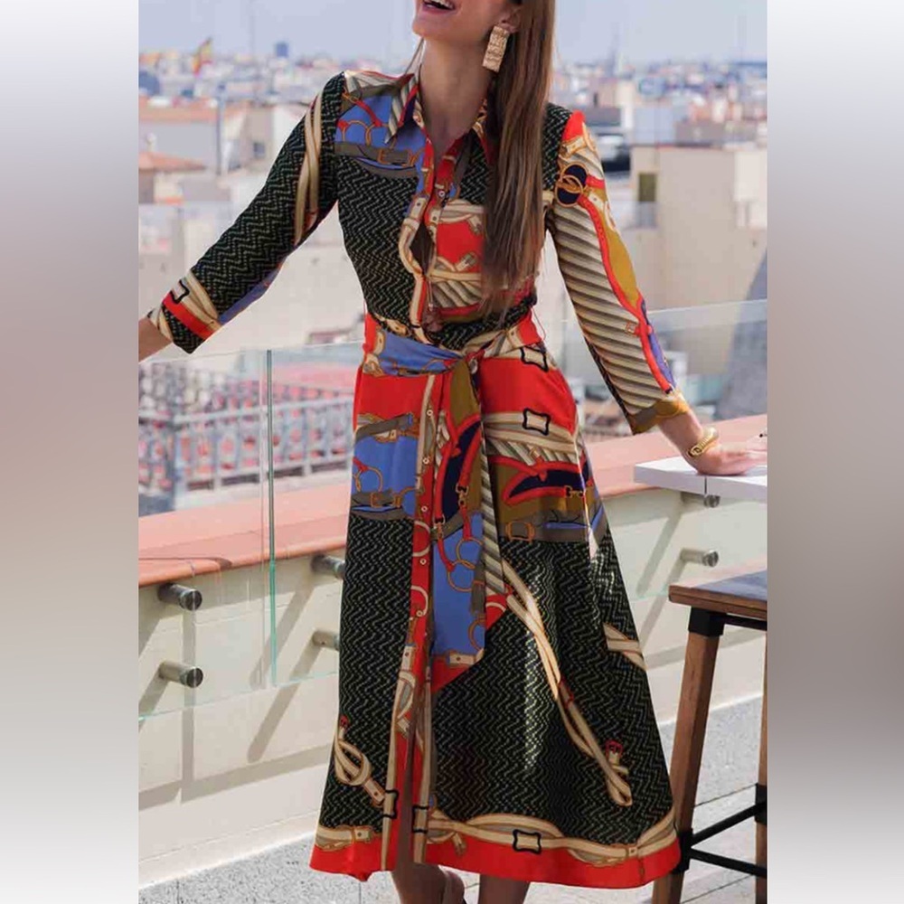 Zara Multicolor Button-Front Maxi Dress - Red, Olive & Blue